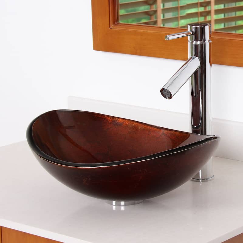 Elite Unique Oval Artistic Bronze Tempered Glass Bathroom Vessel Sink with Faucet Combo