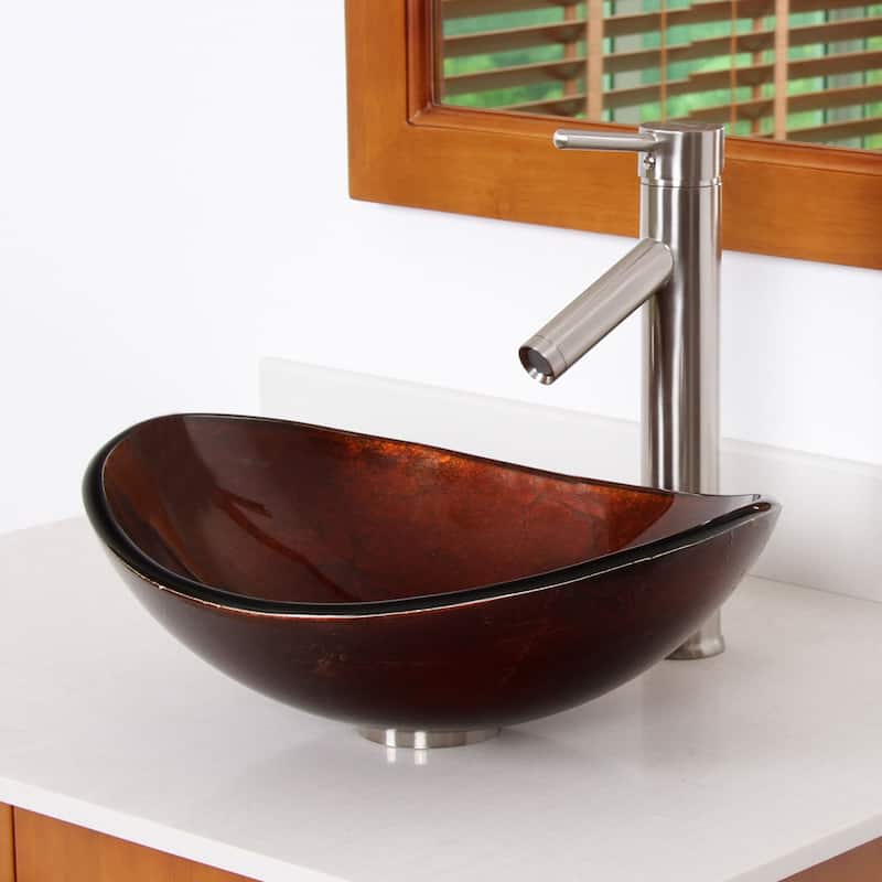 Elite Unique Oval Artistic Bronze Tempered Glass Bathroom Vessel Sink with Faucet Combo