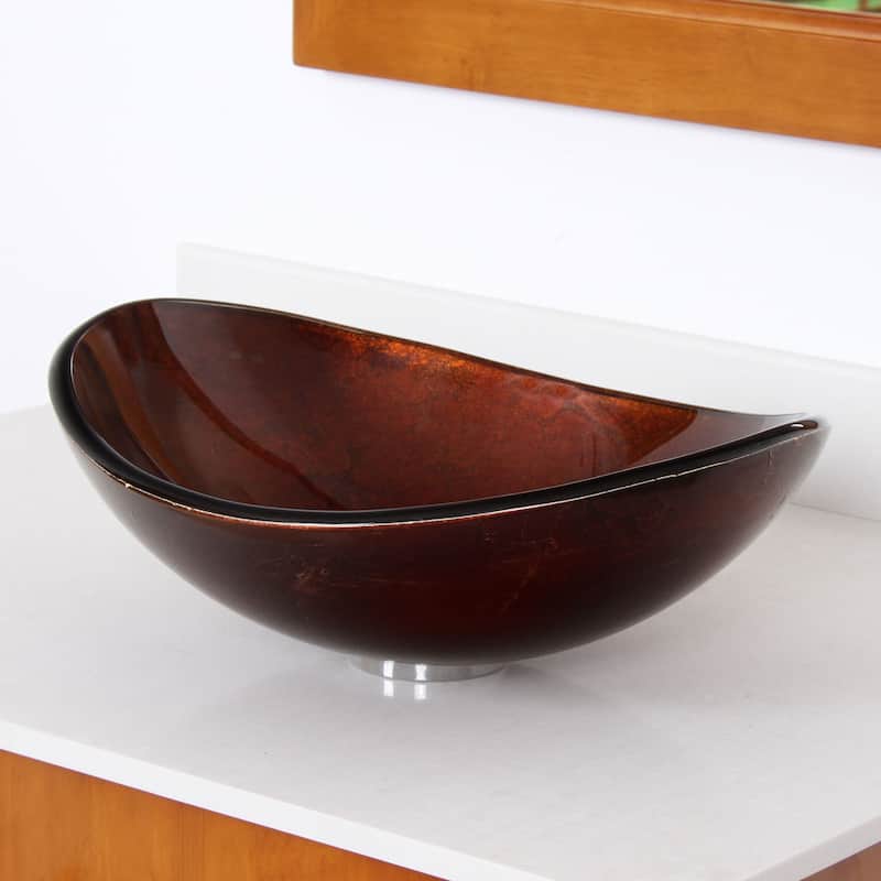 Elite Unique Oval Artistic Bronze Tempered Glass Bathroom Vessel Sink with Faucet Combo