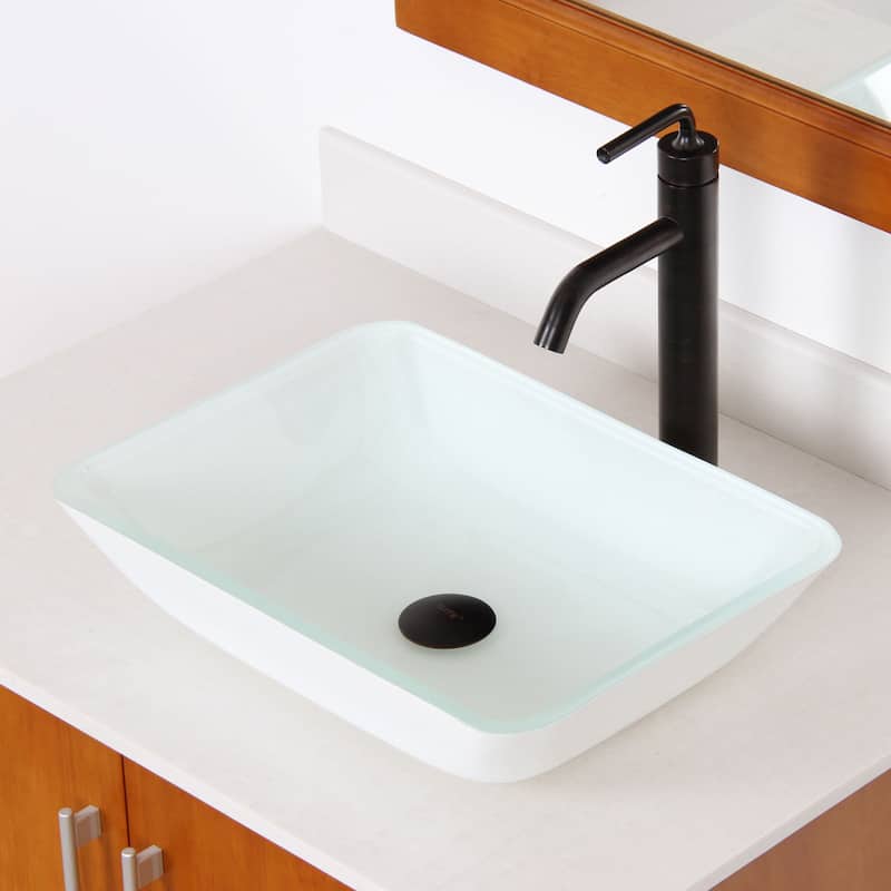 Elite White Rectangle Tempered Glass Bathroom Vessel Sink