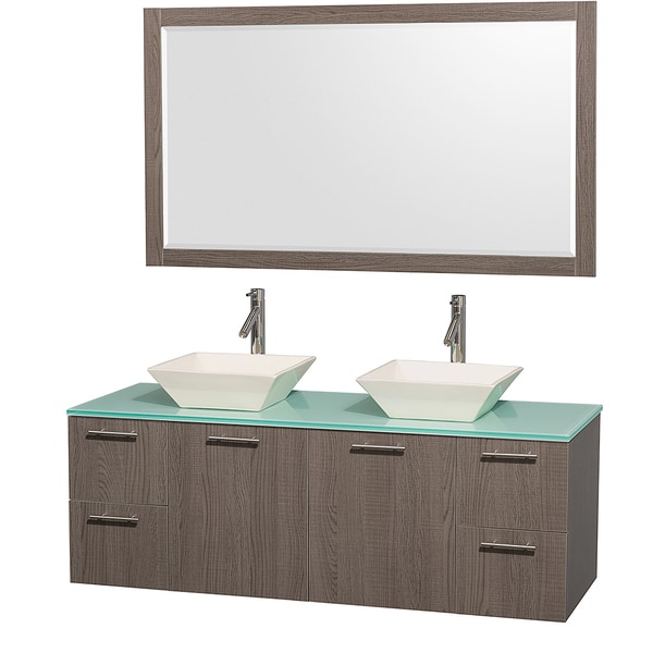 Wyndham Collection Amare Grey Oak 60-inch Double Bathroom Vanity and Green Glass Top