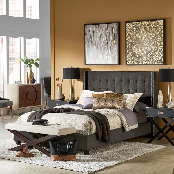 zinus upholstered grand wingback platform bed with nailhead detail