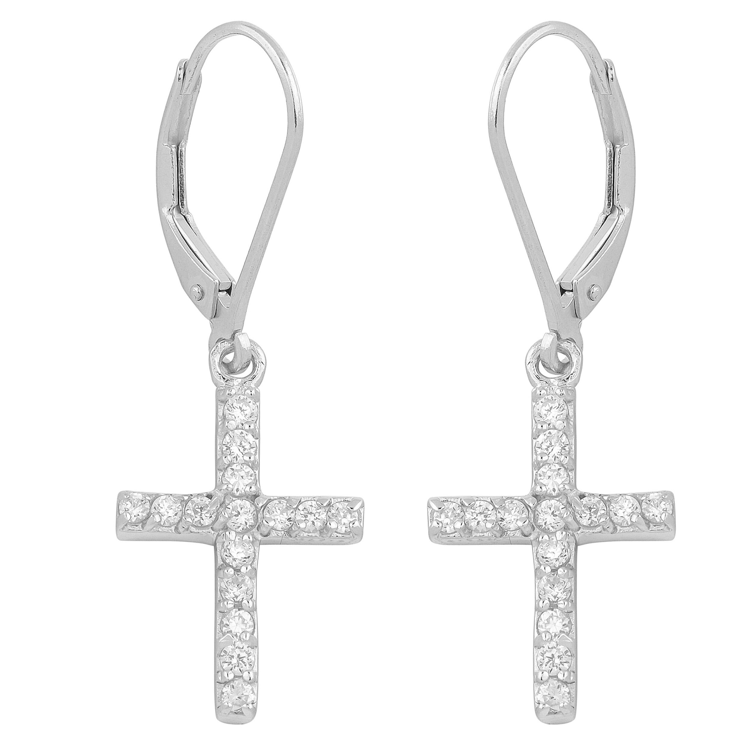 Rhodium Plated Sterling Silver CZ Cross Drop Earrings
