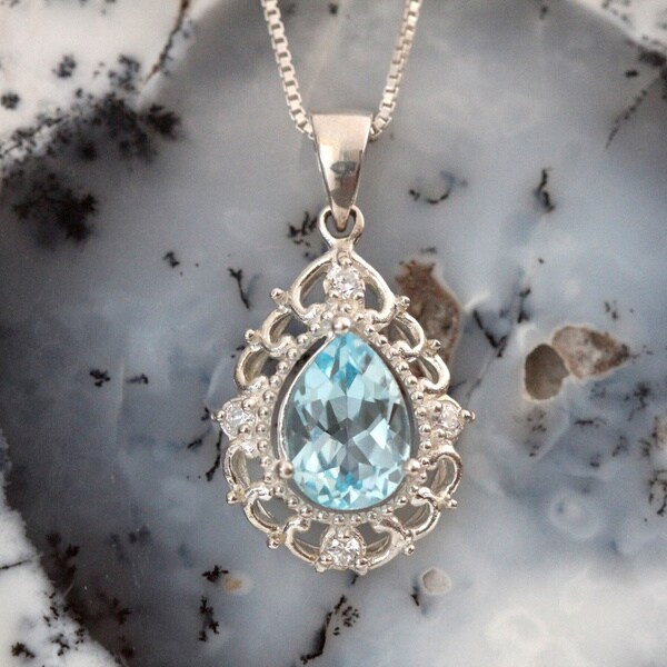 Shop Handmade Sterling Silver Elegant Pear Drop Blue Topaz Necklace ...