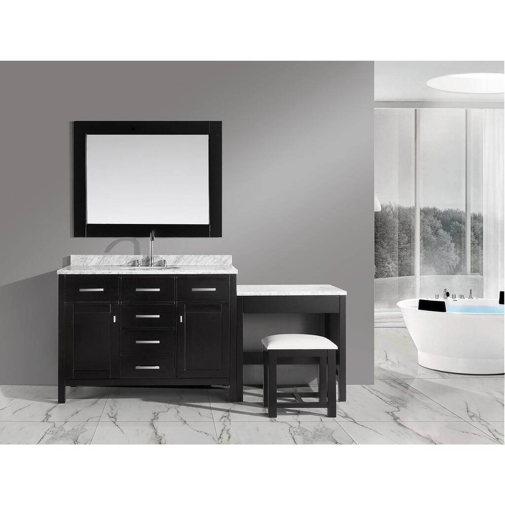 Design Element London Single Sink Espresso Vanity Set with Makeup Table, and Matching Bench Seat
