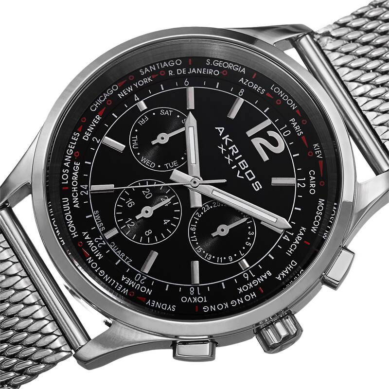 Akribos XXIV Men's Chronograph Mesh Stainless Steel Silver-Tone Strap Bracelet Watch