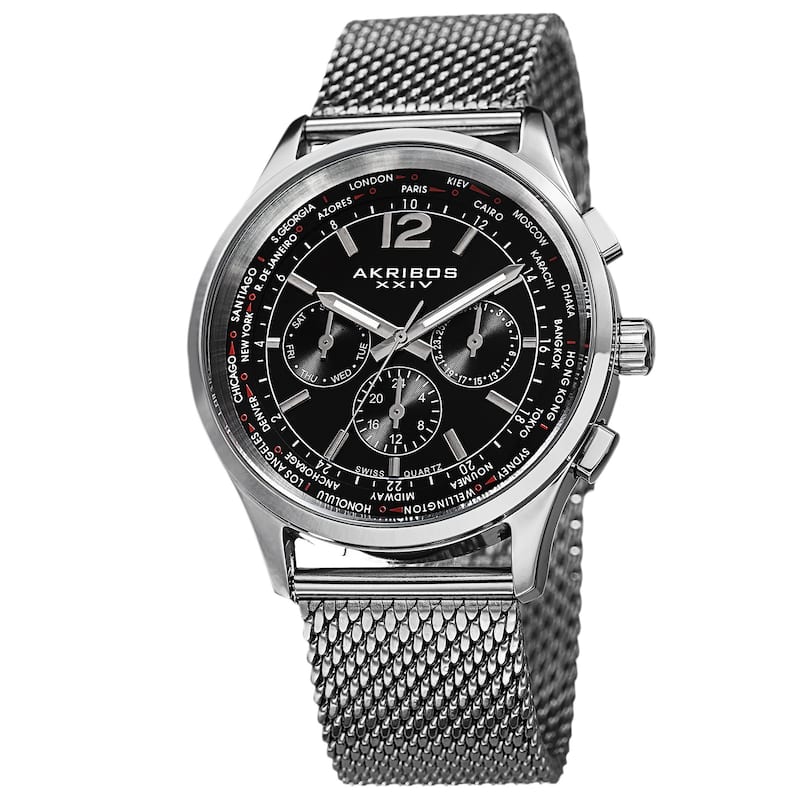 Akribos XXIV Men's Chronograph Mesh Stainless Steel Silver-Tone Strap Bracelet Watch