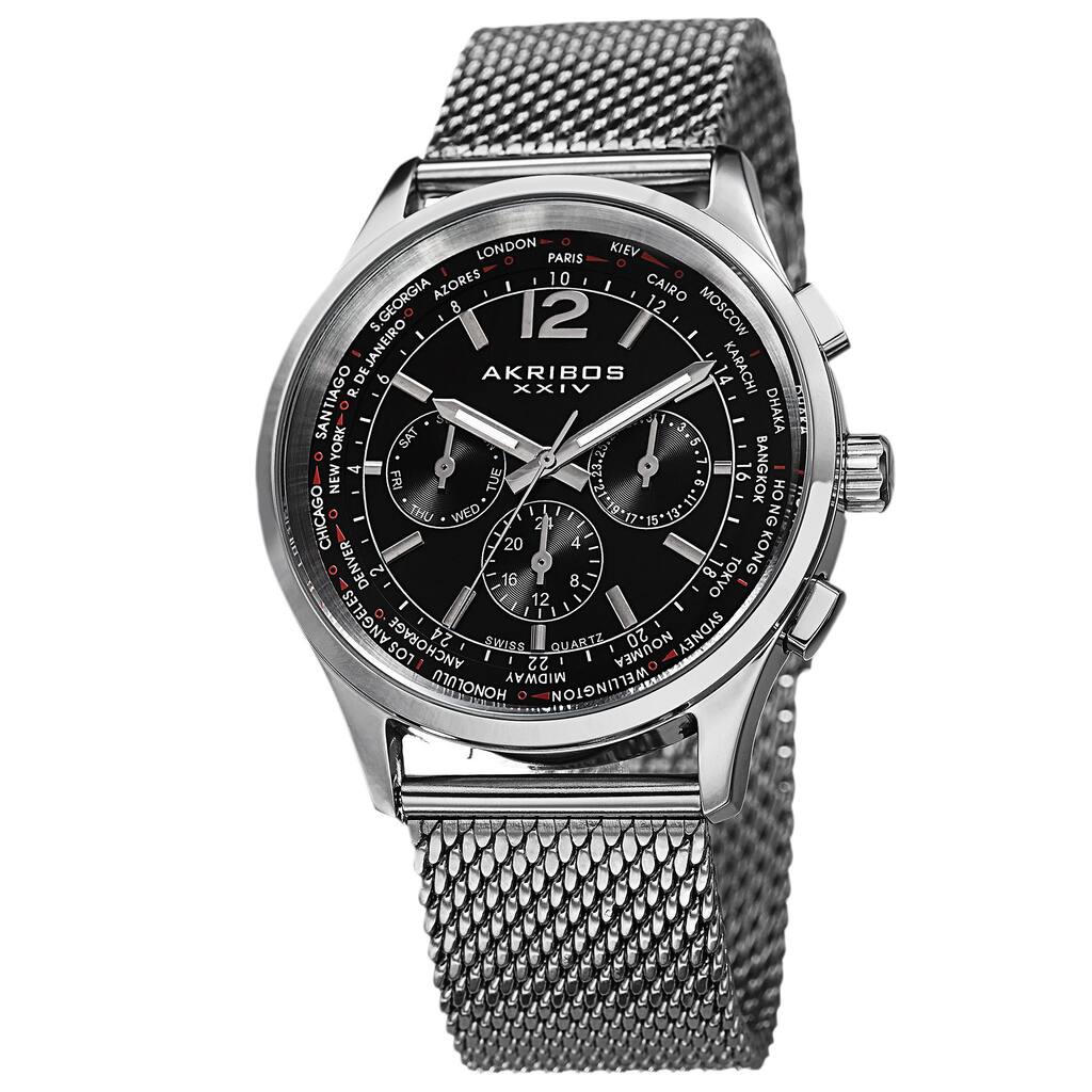 Akribos XXIV Men's Chronograph Mesh Stainless Steel Silver-Tone Strap Bracelet Watch