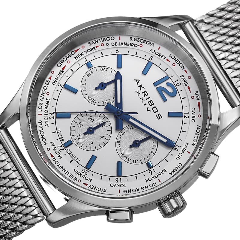 Akribos XXIV Men's Chronograph Mesh Stainless Steel Silver-Tone Strap Bracelet Watch
