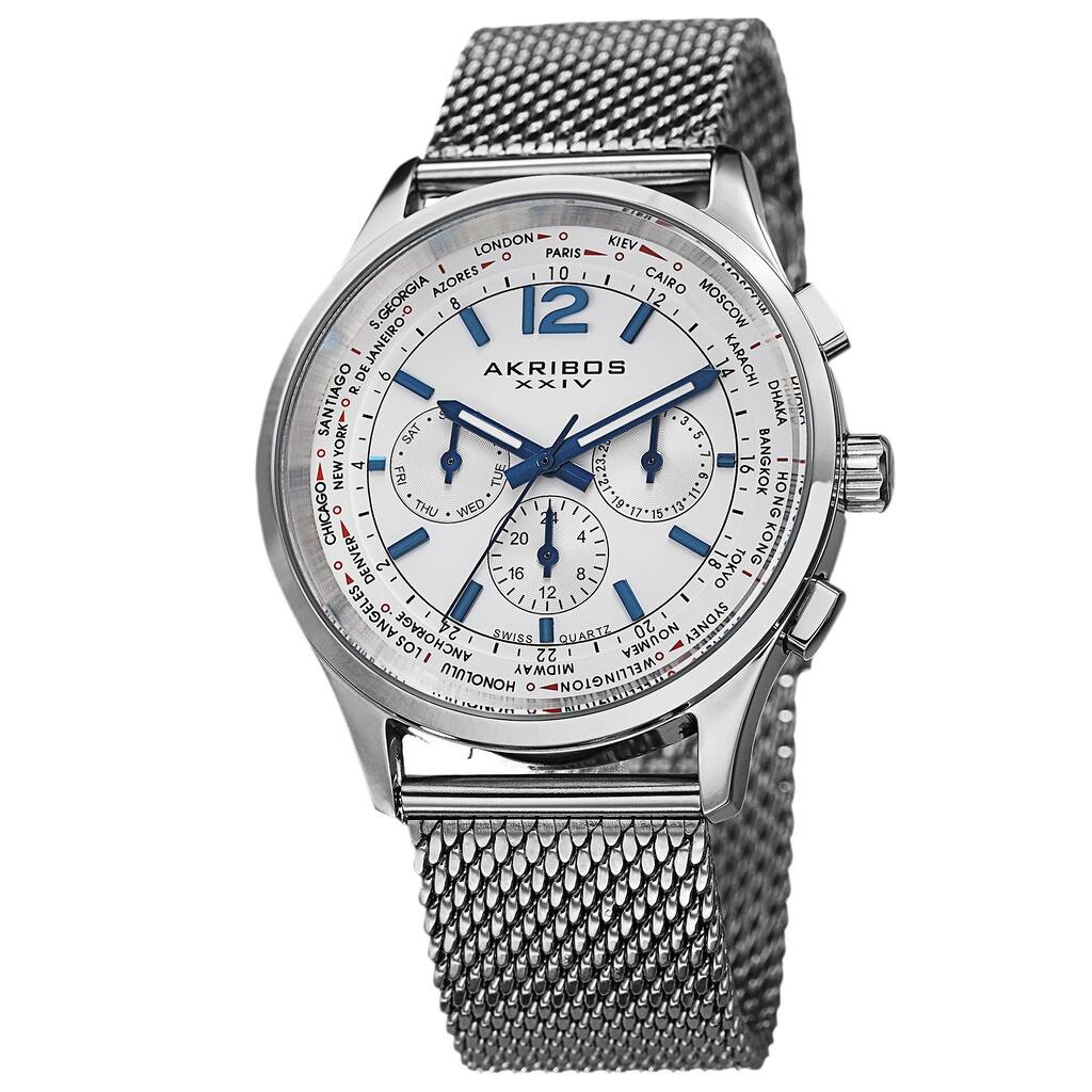 Akribos XXIV Men's Chronograph Mesh Stainless Steel Silver-Tone Strap Bracelet Watch