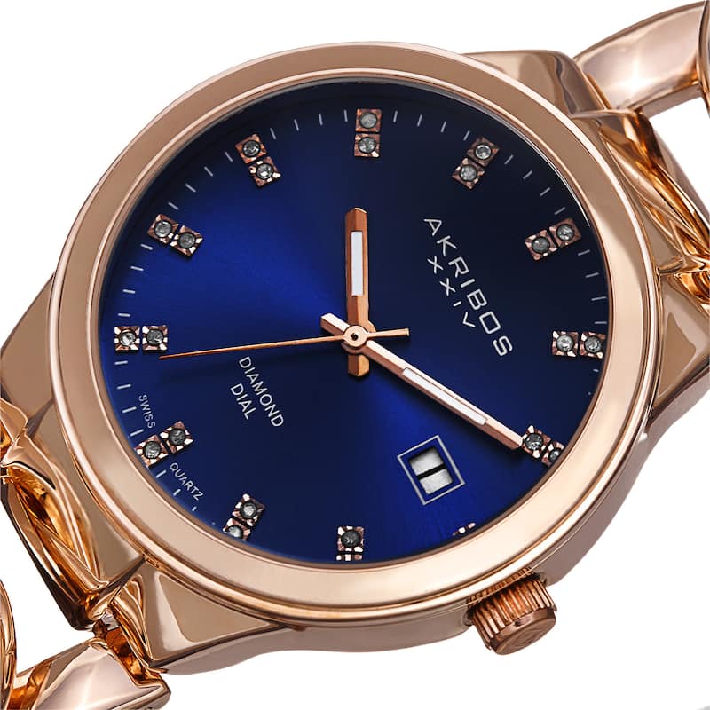 Akribos XXIV Women's Swiss Quartz Diamond-Accented Chain Link Rose-Tone Bracelet Watch