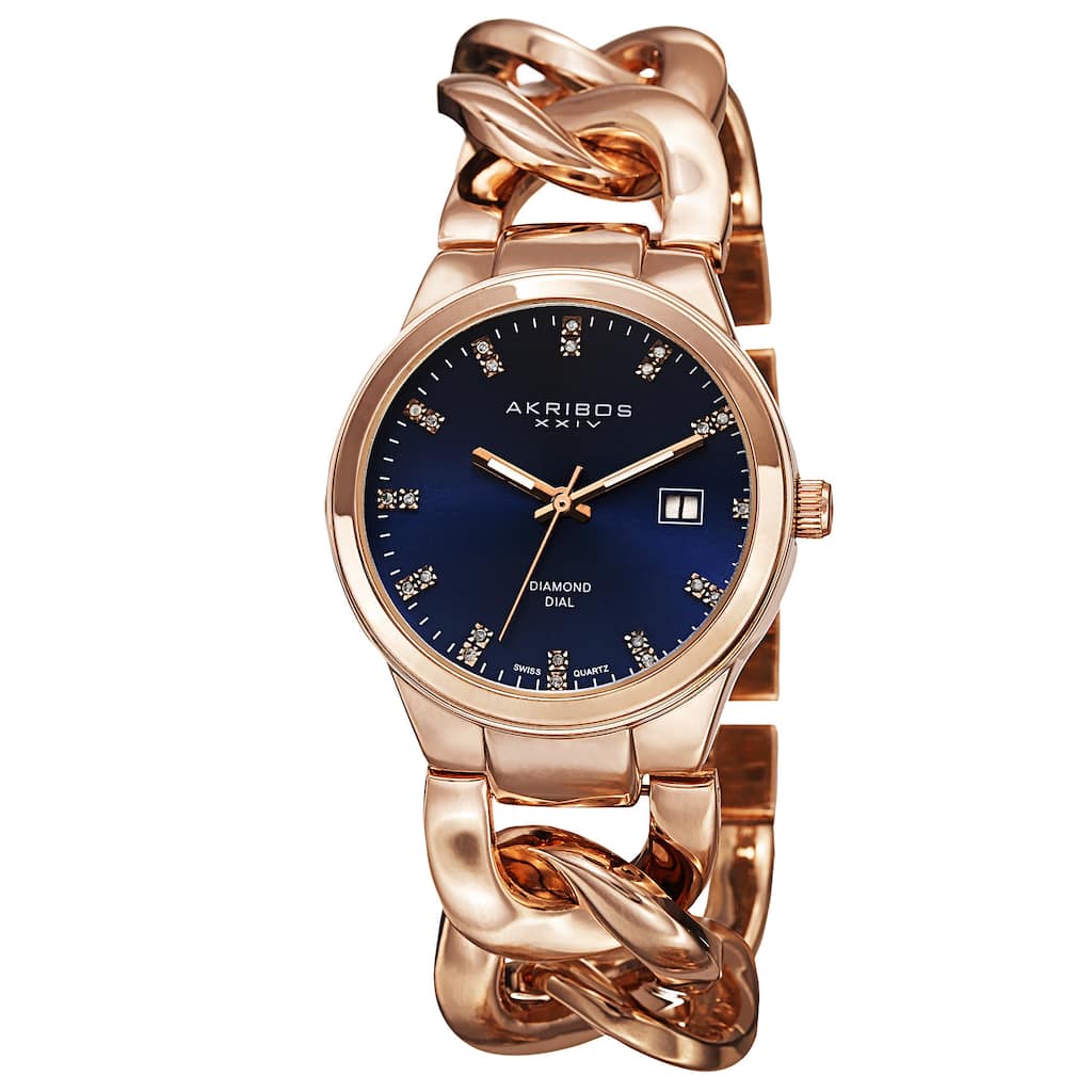 Akribos XXIV Women's Swiss Quartz Diamond-Accented Chain Link Rose-Tone Bracelet Watch