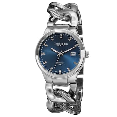Akribos XXIV Women's Swiss Quartz Diamond-Accented Chain Link Silver-Tone Bracelet Watch