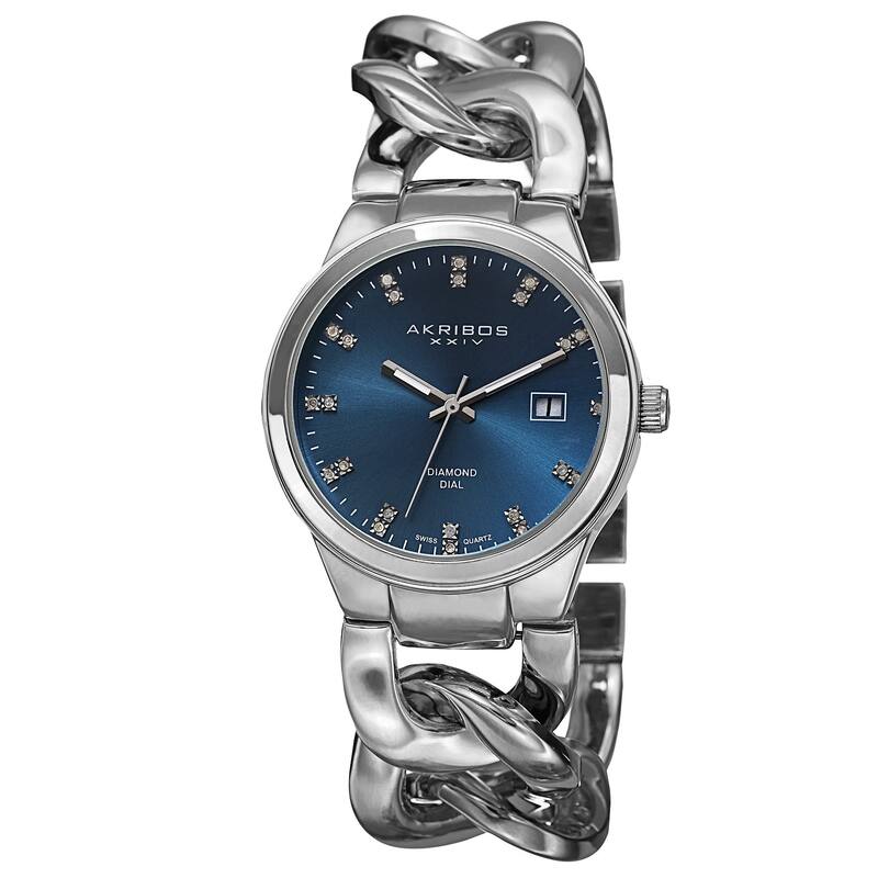 Akribos XXIV Women's Swiss Quartz Diamond-Accented Chain Link Silver-Tone Bracelet Watch