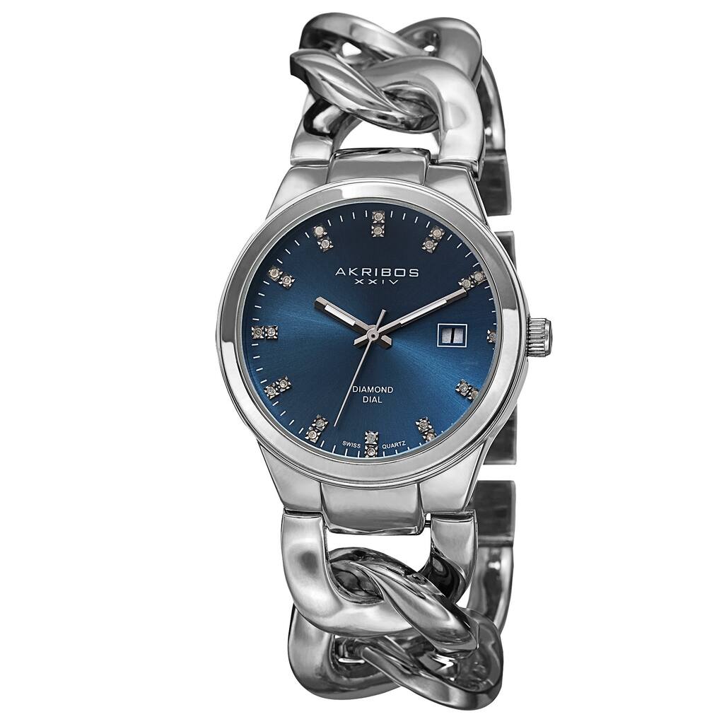 Akribos XXIV Women's Swiss Quartz Diamond-Accented Chain Link Silver-Tone Bracelet Watch
