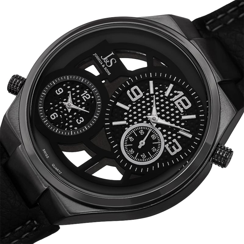Joshua & Sons Men's Swiss Quartz Dual Time Leather Strap Watch