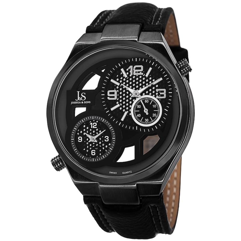 Joshua & Sons Men's Swiss Quartz Dual Time Leather Strap Watch - Black
