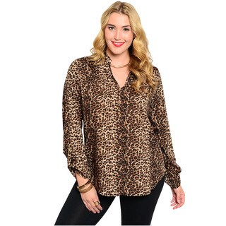 Feellib Women's Plus Size Long Sleeve Woven Top With Allover Leopard ...