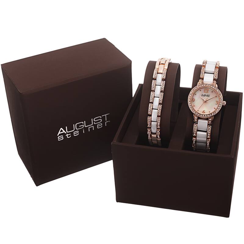 August Steiner Women's Crystal-Accented Ceramic Bracelet Set Watch