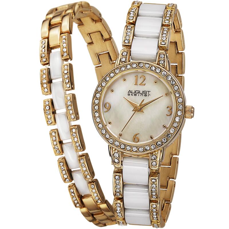 August Steiner Women's Crystal-Accented Ceramic Bracelet Set Watch
