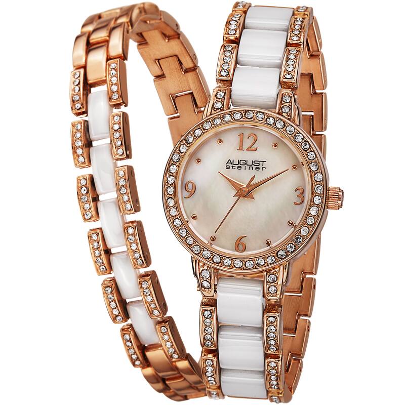 August Steiner Women's Crystal-Accented Ceramic Bracelet Set Watch - Rose-Tone - Rose-Tone