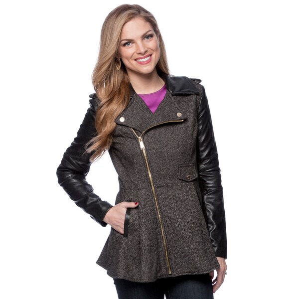 BCBG Wool Asymmetrical Faux Leather Collar Coat