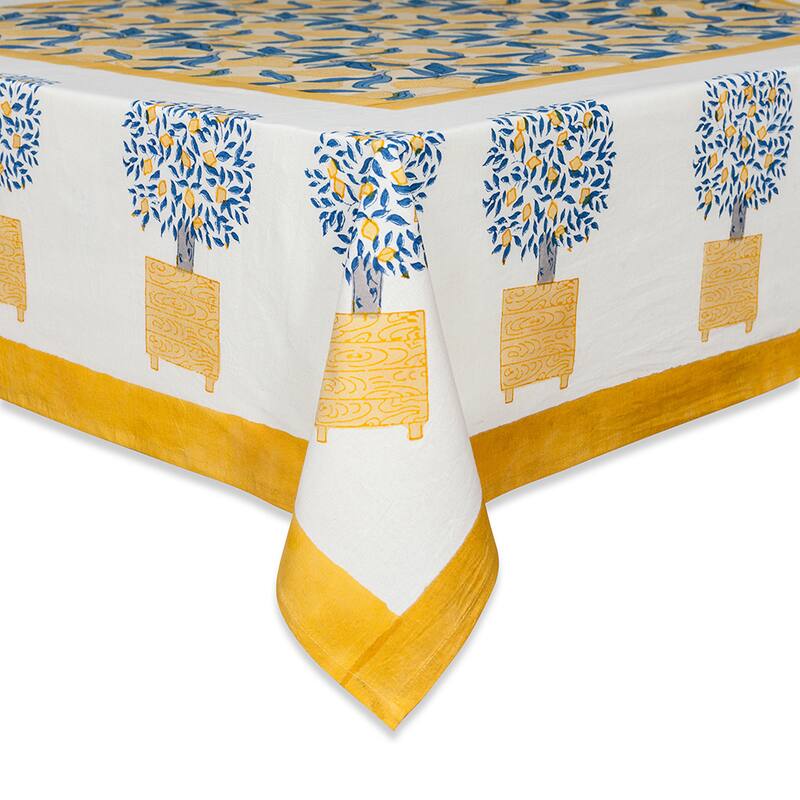 Couleur Nature Lemon Tree Round Tablecloth, Blue/Yellow