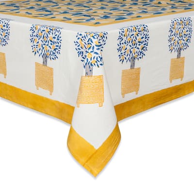 Couleur Nature Lemon Tree Round Tablecloth, Blue/Yellow