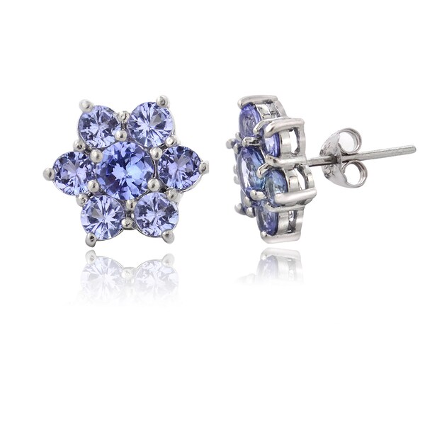 Genuine Tanzanite Flower Stud Earrings Trillion Cut Cluster Post Earrings Sterling Silver Birthstone December