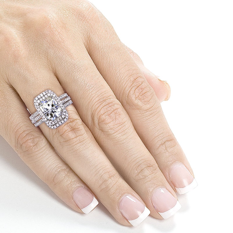 Annello by Kobelli White Gold 3 3/8ct TGW Radiant Moissanite and Diamond Rectangular Halo Bridal Rings Set (3 Piece Set)