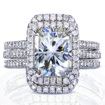 Annello by Kobelli White Gold 3 3/8ct TGW Radiant Moissanite and Diamond Rectangular Halo Bridal Rings Set (3 Piece Set)
