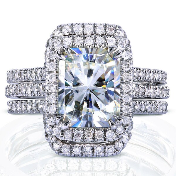 Annello by Kobelli White Gold 3 3/8ct TGW Radiant Moissanite and Diamond Rectangular Halo Bridal Rings Set (3 Piece Set). Opens flyout.