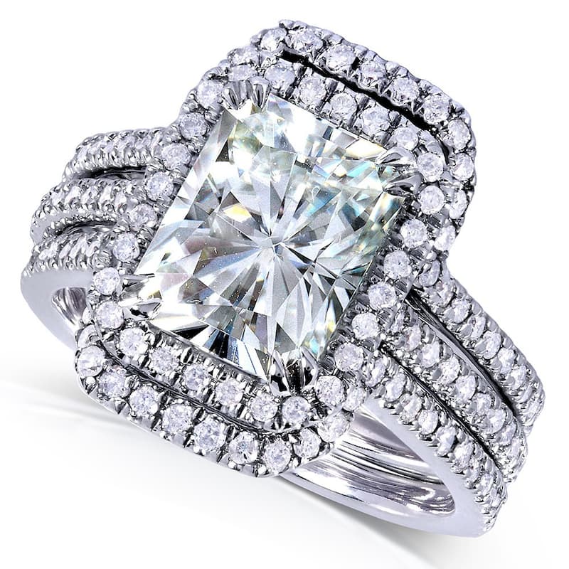 Annello by Kobelli White Gold 3 3/8ct TGW Radiant Moissanite and Diamond Rectangular Halo Bridal Rings Set (3 Piece Set)