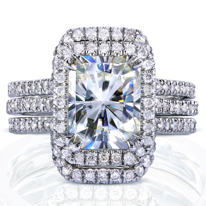 Annello by Kobelli White Gold 3 3/8ct TGW Radiant Moissanite and Diamond Rectangular Halo Bridal Rings Set (3 Piece Set)