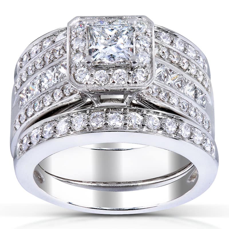 Annello 14k White Gold 1 4/5ct TDW Princess-cut Halo Diamond 3-piece Bridal Set