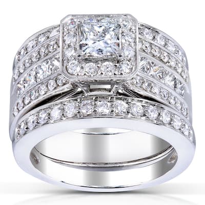 Annello 14k White Gold 1 4/5ct TDW Princess-cut Halo Diamond 3-piece Bridal Set