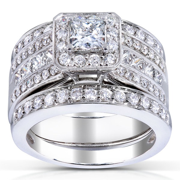 Annello 14k White Gold 1 4/5ct TDW Princess-cut Halo Diamond 3-piece Bridal Set