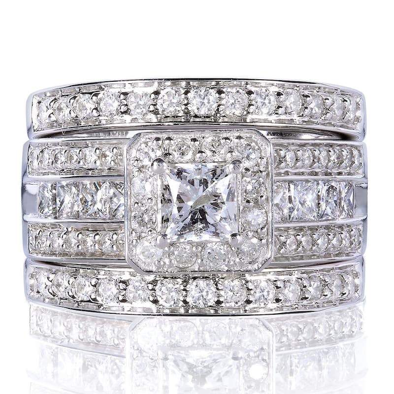 Annello 14k White Gold 1 4/5ct TDW Princess-cut Halo Diamond 3-piece Bridal Set
