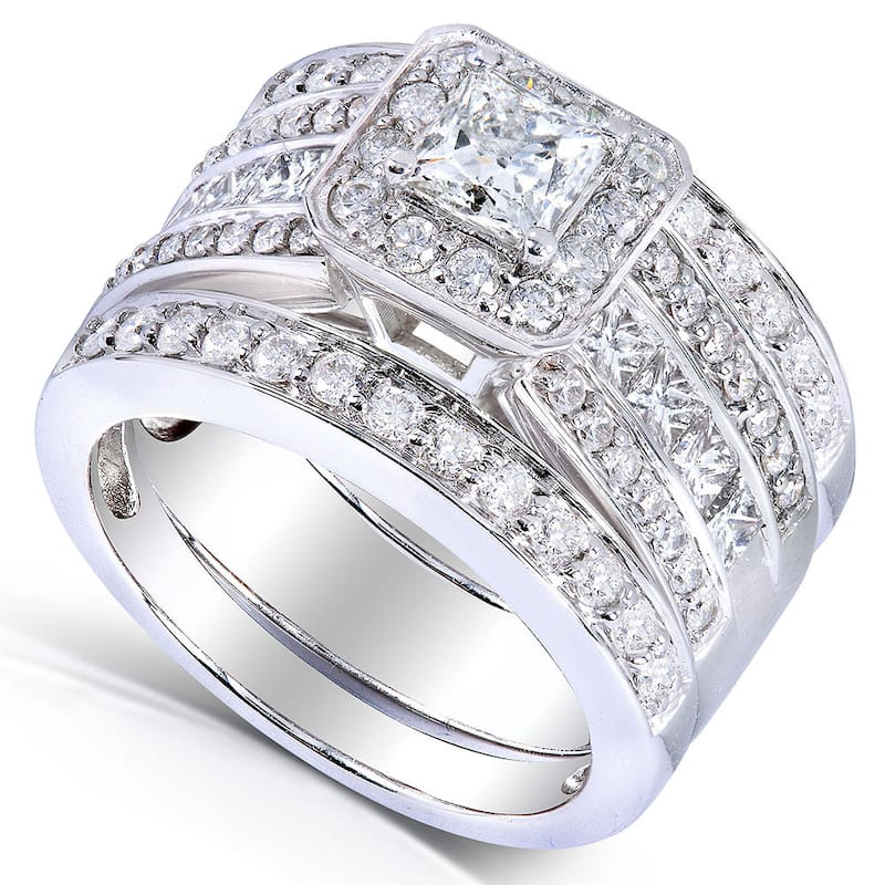Annello 14k White Gold 1 4/5ct TDW Princess-cut Halo Diamond 3-piece Bridal Set