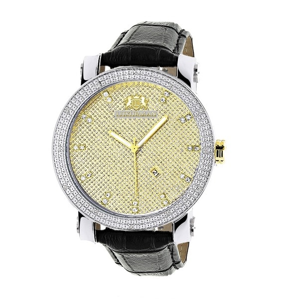 Luxurman Mens Gold Two tone 1/5ct Diamond Watch with Black Leather