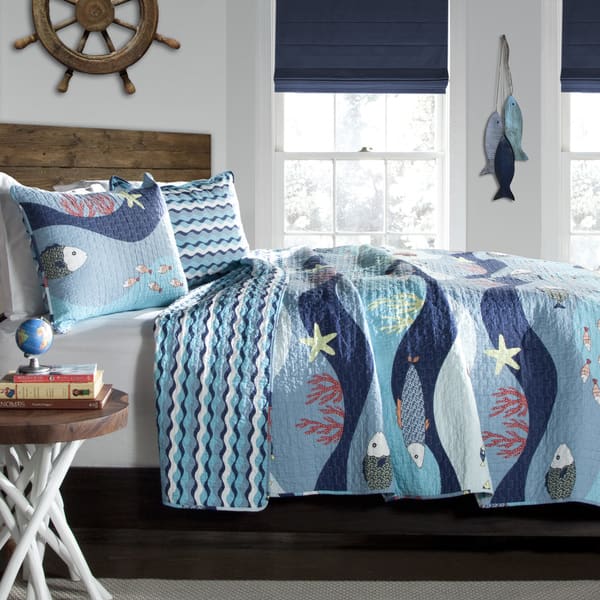 slide 2 of 3, Lush Decor Sealife 3-Piece Cotton Quilt Set Blue - Queen/Full - Queen/Full