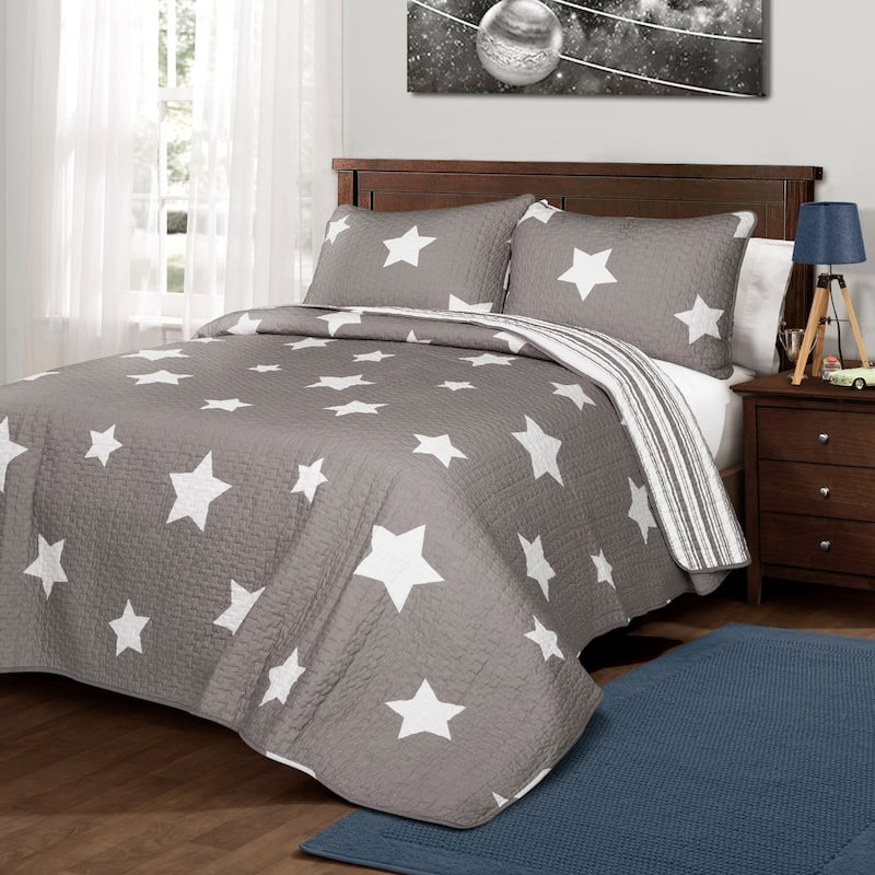 Lush Decor Star Pattern 3-piece Cotton Quilt Set - Gray - Full - Queen