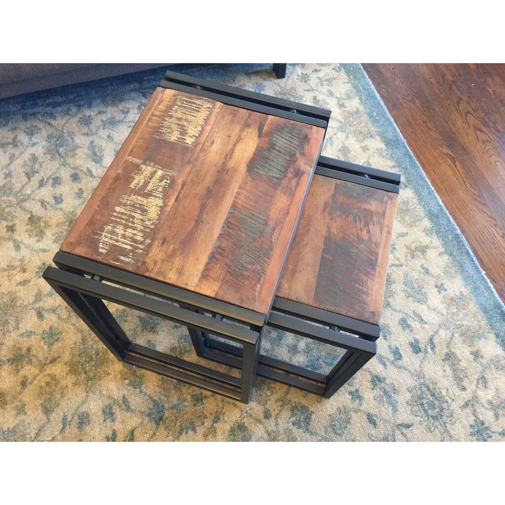 Timbergirl Old Reclaimed Wood/ Blackened Iron 2-piece Nesting Table Set (India) - Largest table 24"H x 20"L x 16"W