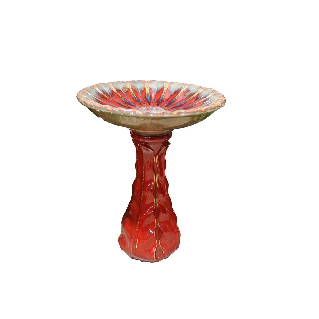 Red Ceramic Bird Bath with Green Rim