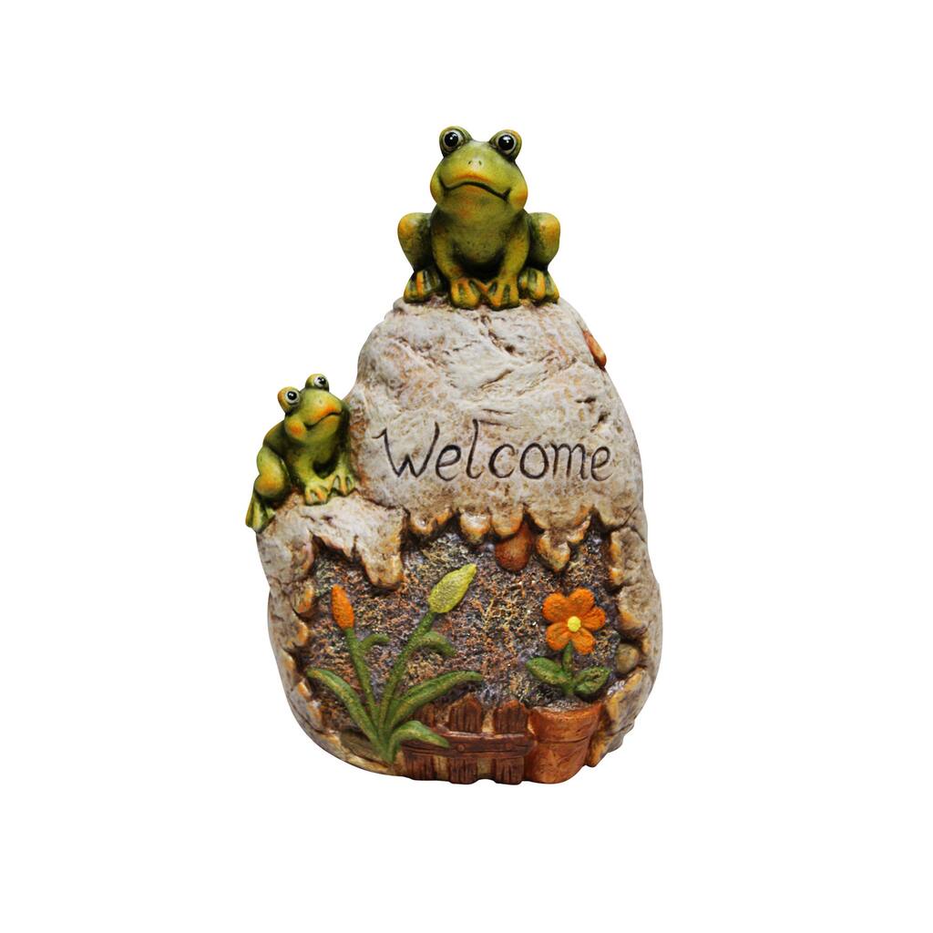 Welcome Sign Rock with Frog Garden Statue