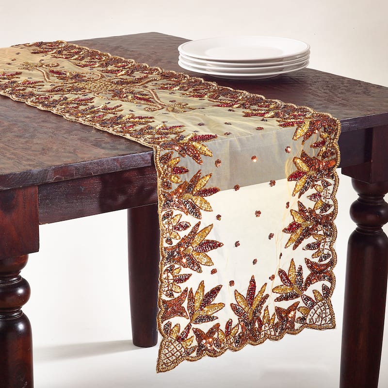 Hand-beaded Table Topper - Burgundy - 16" x 72" Runner