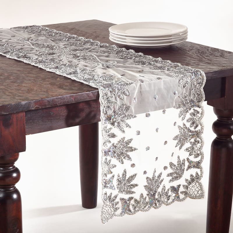 Hand-beaded Table Topper - Pewter - 16" x 72" Runner
