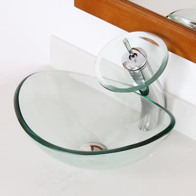 Elite Unique Oval Transparent Tempered Glass Bathroom Vessel Sink with Waterfall Faucet