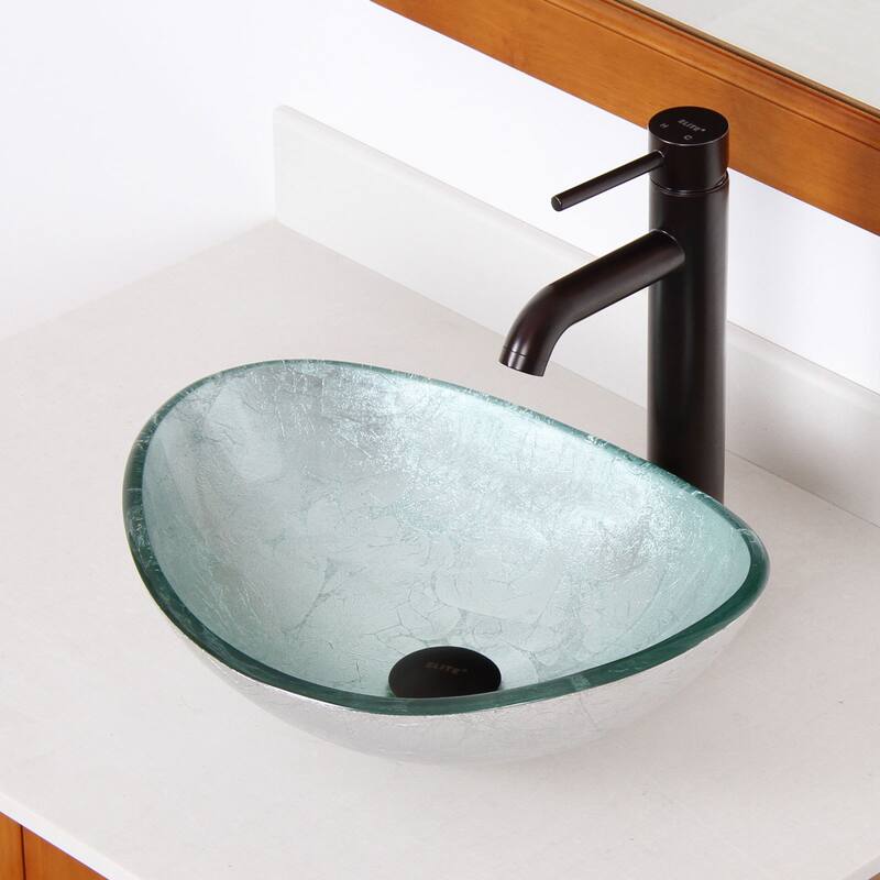 Elite Oval Artistic Silver Tempered Glass Bathroom Vessel Sink with Faucet