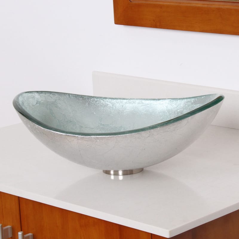 Elite Oval Artistic Silver Tempered Glass Bathroom Vessel Sink with Faucet